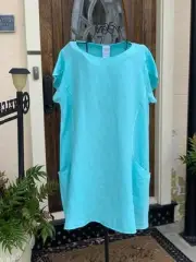 HLT756 Aqua Medium NWT Match Point Linen Shirt Blouse Tunic Pockets Cap Sleeve