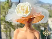 Orange Kentucky Derby Hat Big White Rose Hat Royal Ascot Hat Wedding Bridal Hat