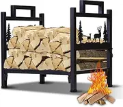 Firewood Rack Outdoor and Indoor Firewood Holder, Heavy Duty Steel Log Holder for Wood Storage, Wood Racks, Black Powder Coated Steel Log Rack Wood Holder for Fireplace（Contains Patents）