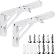 Mardatt 2Pcs 8" White Folding Shelf Brackets, Heavy Duty Stainless Steel Triangle Shelf Bracket Collapsible Wall Mounted Shelf Bracket with Screws and Anchors Space Saving for Table Work Bench