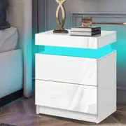 Alfordson Bedside Table LED Nightstand 2 Drawers High Gloss White