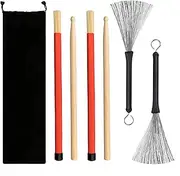 Ai-OUMLEEF Drum Sticks Set with Storage Bag,1 Pair 5A Drum Sticks, Retractable Drum Wire Brushes 1 Pair, Rods Drum Brushes 1 Pair,Convenient for Adults, Rock Band