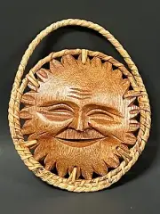 WHIMSICAL WOOD SUN FACE WALL HANGING PLAQUE DECOR WITH RATTAN SIDE TRIMMING #9