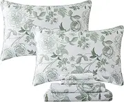 [FADFAY] Sheets Set Queen Vintage White and Green Floral Bedding Elegant Peony Sheets Set Shabby Rose Farmhouse Bedding 100% Egyptian Cotton 800 Thread Count Deep Pocket Fitted Sheet 4Pcs, Queen Size