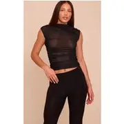 Tall Black Double Layer Mesh Ruched Detail Long Top, Black