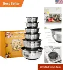 ROYDX Stainless Steel Mixing Bowls With BPA Free Airtight Lids &3 Grater Atta...
