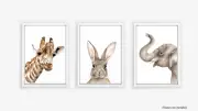 Giraffe, Bunny, and Elephant Print Set - neutral nursery prints watercolour