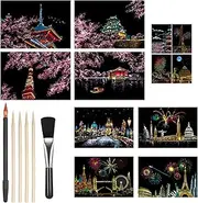 Leseogye 12 PCS Scratch Art Paper, DIY Scratch Art with Scratching Tool Kit, Scratch Art for Adults and Kids, Cherry Blossoms, World Famous Cities and Buildings(A5 Size)
