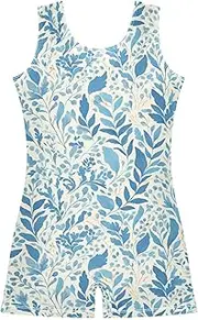 [FRODOTGV] Blue Leafs Gymnastics Leotards for Girls Kids 1 Piecing Sleeveless Tumbling Unitards for Training, Yoga, Tumbling