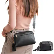 Womens Crossbody Bag with Triple Zipper - PU Leather Shoulder Bag with Adjustable Guitar Strap-Black