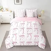 Feelyou Boys Girls Bowknot Comforter Set with Sheets Twin Size, Pink Ribbon Bow 7 Pieces Bedding Sets Kids Bow Tie Bed in A Bag Princess Style Bed Set