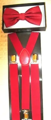 Unisex Red Mesh Pre-Tied Strap Bow Tie+Solid Red Y-Back Adjustable Suspenders