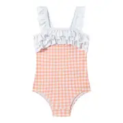 Girls One Piece Swimwear with Ruffles in Checkered Bright Colors Bathing Suit...