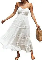[Bmnmsl] Women's Boho Lace Midi Dress Summer Sleeveless White Mini Dress V-Neck Spaghetti Straps Casual Loose Beachwear Sundress