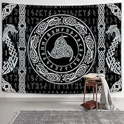 Norse Tapestry, Viking Tapestry Wall Hanging Raven Ancient Rune Dragon Totem Norse Mythology Tapestries, Black White Mystical Geometric Norse Mythology Tapestry Wall Hanging for Living Room Bedroom
