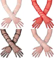 [SATINIOR] 4 Pairs Sheer Tulle Long Mesh Wedding Gloves for Women - Elbow Length Opera Party Red Black White