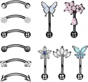[EVISPOL] 11Pcs 16G Surgical Steel Rook Piercing Jewelry for Women Men, Butterfly Dangle Cubic Zirconia Eyebrow Rings Curved Barbells Belly Lip Rings Rook Daith Earrings Cartilage Helix Tragus Earrings