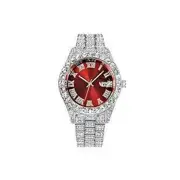 Mens Iced Hip Hop Watch Luxury Bling Diamond Stainless Steel Band Wristwatches - Silver Red