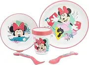 5-Piece Children's Tableware with Non-Slip Base Plate, Bowl, 260 ml Glass and Cutlery BPA Free Minnie Mouse Being More Minnie Mouse Rose