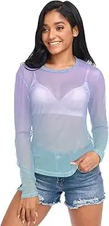 [RPLIFE] Purple Green Gradient Womens Mesh Sleeve Top, Printed Mesh Top S-XXL