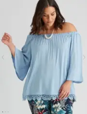 Autograph Top Plus Size 24 Tunic On/Off Shoulder 3/4 Flared Sleeve Blue Lace NEW