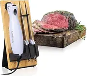 SERRATED CARVING ELECTRIC KNIFE SET By Chef PRO, With Wooden Storage Block, 2 Interchangeable Stainless-Steel Blades, Precise Cutting and Carving of Meats, Fruits, Breads, Comfortable Design, White