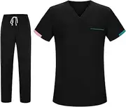 [Vaveren] Women Men Scrubs Set Esthetician Workwear Skin Friendly Soft Machine Washable Short Sleeves Scrub Top and Pants Nurse Uniform