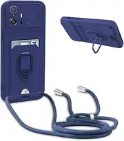 Mobile Phone Chain Protective Case, Compatible with Xiaomi 11T/Xiaomi 11T Pro 5G, Mobile Phone Case with Band, Sliding Camera Protection, 360 Degree Ring Holder Stand, Card Slot, Adjustable Silicone Necklace Case - Blue