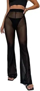 [Generic] Women's Sheer Mesh Elastic Waist Flare Fit Pants Dance Bell Bottom Trousers
