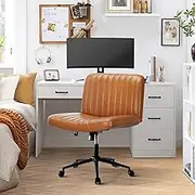 OIKITURE Armless Desk Chair with Premium PU Leather Fabric, Extra Wide Office Chair with Crossed Legs and Wheels,Swivel & Height Adjustable,180KG Max,for Home Office Meeting Room Reception Room,Brown