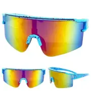 Oversized RETRO SPORTY WRAP AROUND Shield Cycling SUN GLASSES Large Blue Frame