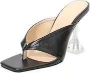 [HOTRA] Women Stiletto Flip Flops for Party Square Toe Leather Mules Thong Pretty Dressy High Heels Slip on Slipper Shoes (Color : Black, Size : 6)