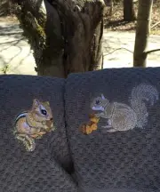 Set 2 Embroidered Chipmunk & Gray Squirrel Gray Terry Kitchen Hand Dish Towels