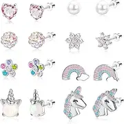 [Sanfenly] 8 Pairs Hypoallergenic Screw Back Earrings for Girls Women 316L Stainless Steel Tiny CZ Pearl Heart Flower Butterfly Unicorn Screwback Earrings Studs Set Multicolored