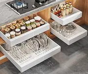 Seinloes 4Pack Expandable Pull Out Cabinet Organizer 21"Deep with Raising Pad for Framed Cabinets,Slide Out Drawers with 4pcs Divider Racks,Roll Out Shelves Adhesive,Adjustable Width 12.05"-20.4"White