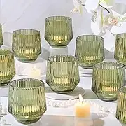 12 Pcs Large Green Votive Candle Holders- 3.15"×3.15" Ribbed Green Candle Holders, Green Tea Lights Candle Holders for Green Wedding Decor, Sage Green Wedding Table Decor, Centerpieces