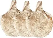 Ahyuan Ecology Reusable Cotton Mesh Grocery Bags Cotton String Bags Net Shopping Bags Mesh Bags Pack of 3 (Beige)