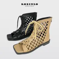 在飛比找森森購物網優惠-Robinlo時尚幾何鏤空羅馬綁帶魚口涼鞋JOSE-杏色/黑