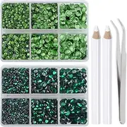 LPBeads 6400 Pieces Emerald and Peridot Hotfix Rhinestones Flat Back 5 Mixed Sizes Crystal Round Glass Gems with Tweezers and Picking Rhinestones Pen