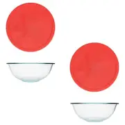 Pyrex (2) 326 4qt Glass Mixing Bowls and (2) 326-PC 4qt Red Mixing Bowl Lids