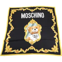 在飛比找Yahoo奇摩購物中心優惠-MOSCHINO 鏡框泰迪熊印花黑底真絲方巾 圍巾(88x8