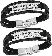 [LALADEFIEE] 2pcs Inspirational Quote Leather Bracelets for Men Multilayer Gothic Punk Wrist Accessories Stylish Wrap Design for Everyday Wear, 6X6CM, Metal, PU leather, no gemstone
