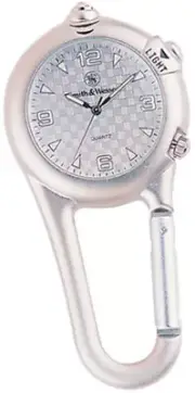 Smith & Wesson Carabiner Watch SWW-36-SLV Silver face and body. Measures 3 1/4"