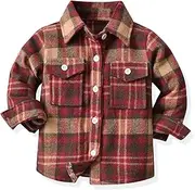 [Generic] Toddler Boys Girls Shirt Coat Jacket Plaid Long Sleeve Kids Turn Down Collar Button Tops Outwear Girls Winter Outfits (Red, 5-6 Years)