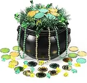 Sratte 308 Pcs St Patrick's Day Candy Cauldron Kettle with Handle Set Pot of Gold Shamrock Leprechaun Coin Gold Green Gem Clover Necklace Lucky Plastic Jewelry Treasure (Black, 7.87 x 5.91 in)