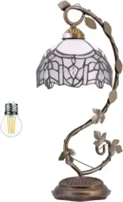 Tiffany Lamp White Bend Stained Glass Style Table Lamp, Metal Leaf Base 8X10X21