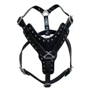 Black Medium HILASON Leather Dog Harness Padded Genuine Matching Leash Medium