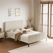 Oikiture Bed Frame Base Velvet Fabric Beige ROYO - Double