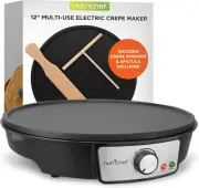 Nutrichef Electric Crepe Maker Pan & Griddle 12" Nonstick Cooktop LED Indicators