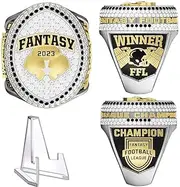 2023 Fantasy Football Championship Ring Stand Included - Gold or Silver | FFL Champion Ring With Many Bright Clear & Black Stones - Sizes 8 – 14